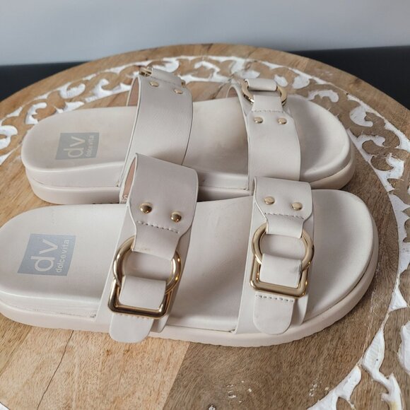 Dv Dolce Vita Womens Beige Buckle Slide Sandals Size 7 Faux Leather Casual Slip- - Picture 9 of 11